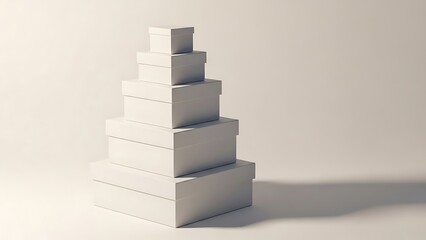 Fototapeta premium Stack of white shoe boxes in pyramid shape on beige background stacked boxes shadows