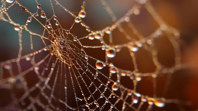 A close-up of a spider web adorned with glistening water droplets, showcasing intricate patterns and natural beauty.