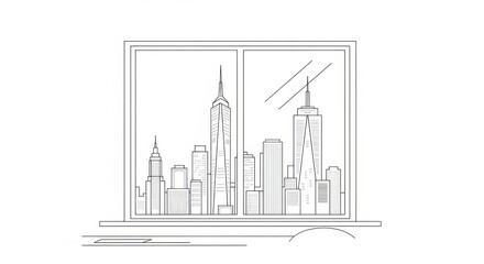 Obraz premium Cityscape View Through Window: Sketch of Skyscrapers and Skyline