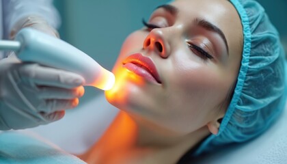 Woman receives face laser treatment in clinic. Professional applies light therapy for hair removal. Client relaxes during beauty procedure for smooth skin, rejuvenation.