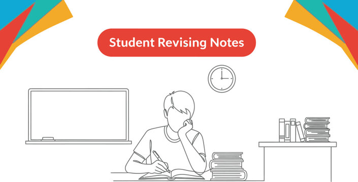Black outline vector of student revising notes while studying at a desk