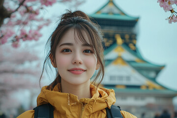 Beautiful young woman in spring blooming Japanese Park, Generative AI