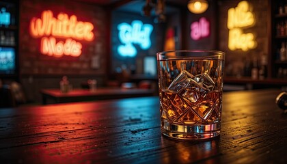 Whiskey on ice in a dimly lit bar with neon signs