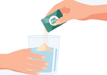 A hand pours probiotic powder into a glass. Close-up, textured shot showcasing the fine powder. Clean, modern aesthetic. Ideal for health & wellness visuals. © Vector Factory
