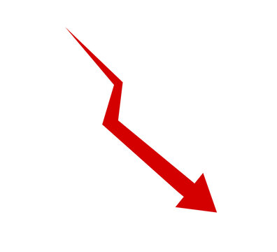 Red zigzag downward arrow icon for decline statistics, infographics, presentations and user interface design