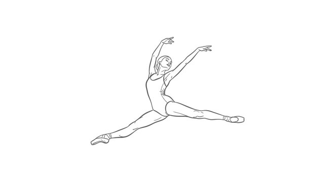 ballet dancer performing grand jet&eacute; in elegant line art illustration
