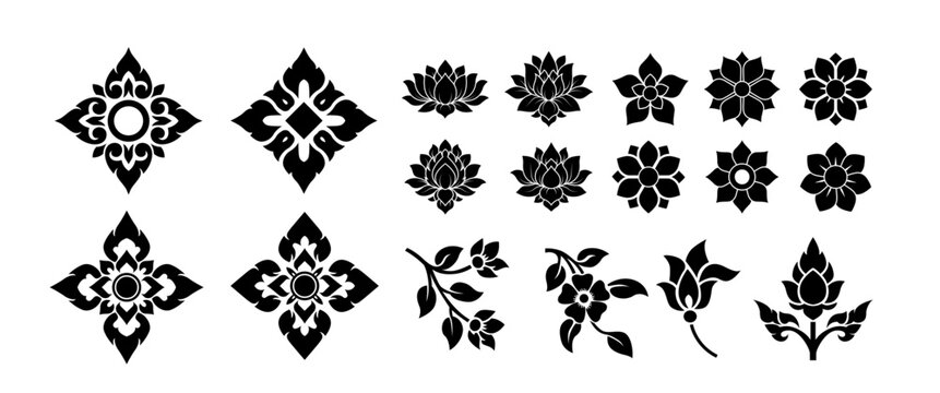 Traditional Thai Kanok Floral Elements Collection with Lotus Motifs