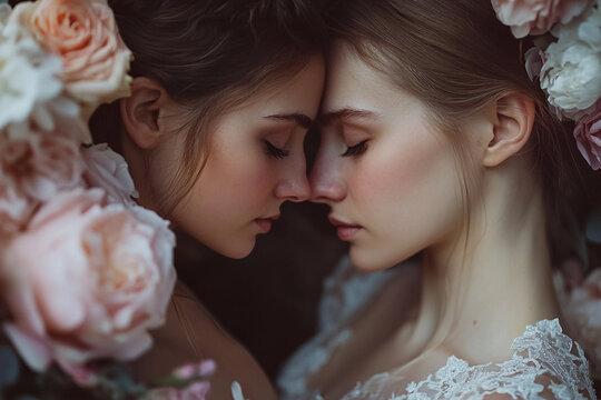 Generative AI image of lesbian wedding showing same sex love between two brides under floral arch outdoors