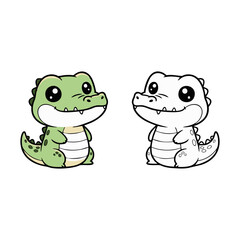 Obraz premium Cute baby crocodile vector illustration. Features a charming cartoon character in vibrant color and outline versions, perfect for children's designs and scalable graphics
