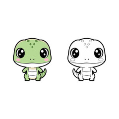 Obraz premium Charming cartoon green lizard illustration, featuring a delightful creature with an outline version, ideal as an editable vector graphic for design