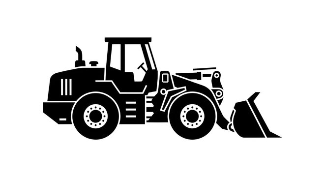 Black silhouette of a wheel loader machine. Vector icon representing industrial construction and earthmoving equipment.