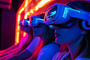 People wearing VR headsets immersed in digital experience, generative ai