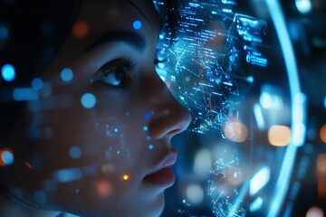 Close up of young person at digital futuristic virtual reality space, generative ai