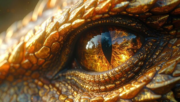 Close-up of a Dragons Eye with Golden Scales and Fiery Reflections.
