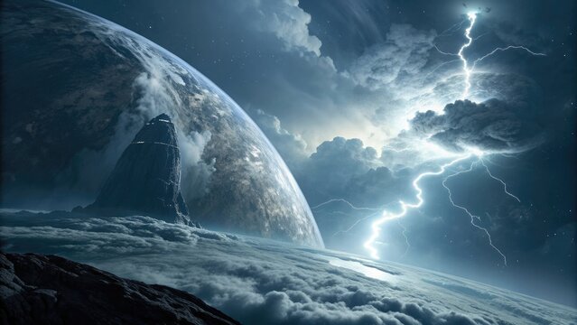 Alien monolith rising from a storm-covered planet surface.