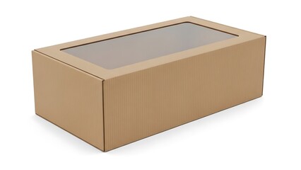 Brown cardboard shoe box with clear plastic window on brown cardboard box packaging rectangular box