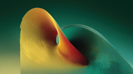 Abstract three dimensional layered structure displays vibrant transition between yellow and teal tones