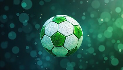 Fototapeta premium Vibrant green soccer ball with cracked mosaic texture on bokeh background