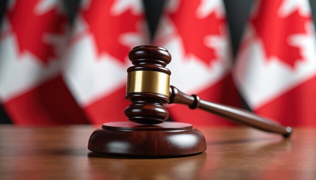 Wooden judge gavel rests on table before Canadian flags. Symbol of law justice and national court system. Authority of legal ruling in country.