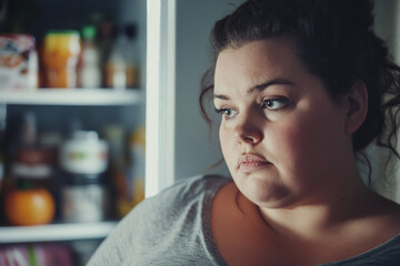 Worried Woman Standing by Refrigerator Representing Bad Habit of Night Eating and Emotional Food Craving, Generative AI