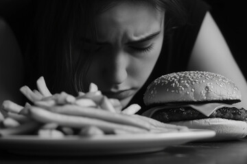 Young Woman Eating Fast Food Burger with Closed Eyes Showing Craving and Overeating Junk Food, Generative AI
