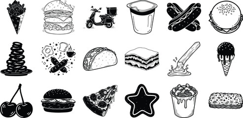Collection Of Black And White Food And Drink Illustrations