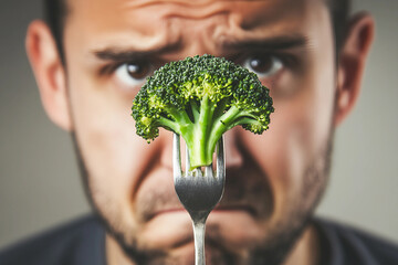 Angry Man Holding Broccoli on Fork Symbolizing Refuse of Unhealthy Food and Commitment to Green Healthy Diet, Generative AI