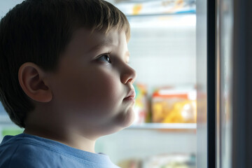 Sad Kid Standing by Open Fridge Symbolizing Bad Habit of Night Overeating and Unhealthy Childhood Food Issue, Generative AI