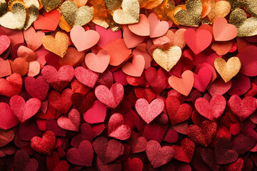 Romantic Valentine Day wallpaper with floral petals heart lights and bokeh background for holiday mood, generative ai