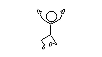 Simple stick figure jumping with joy and holding hearts.