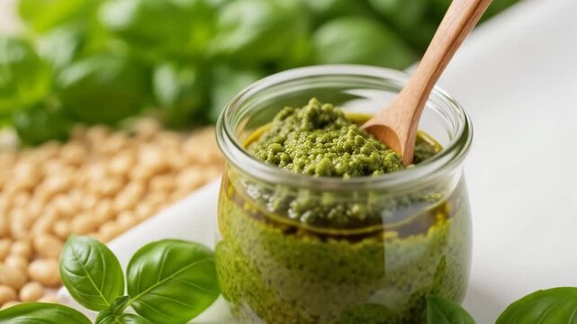 Fresh basil pesto preparation with pine nuts and olive oil in kitchen setting