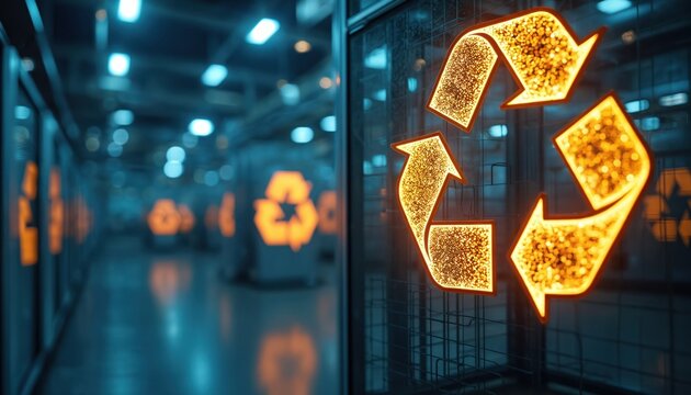 Futuristic recycling center hallway glows with neon recycle symbols. Advanced tech facility promotes eco friendly waste management and circular economy systems.