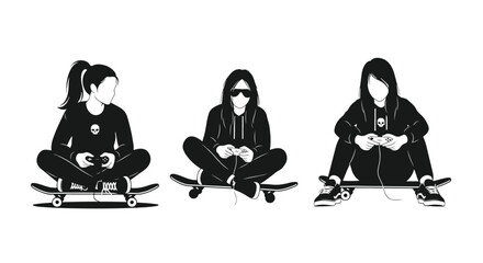 Three young women sitting on skateboards while playing video games