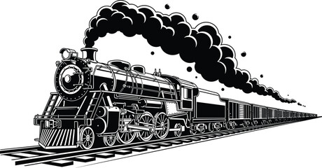 Vintage steam locomotive black and white illustration with smoke, classic railway engine, freight train cars, and dramatic retro transportation artwork © MstHalima