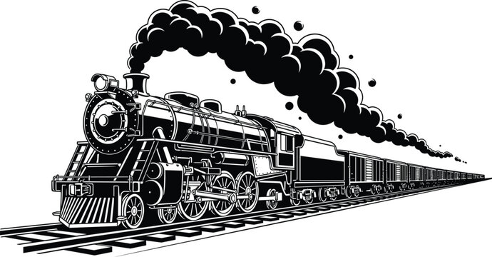 Vintage steam locomotive black and white illustration with smoke, classic railway engine, freight train cars, and dramatic retro transportation artwork