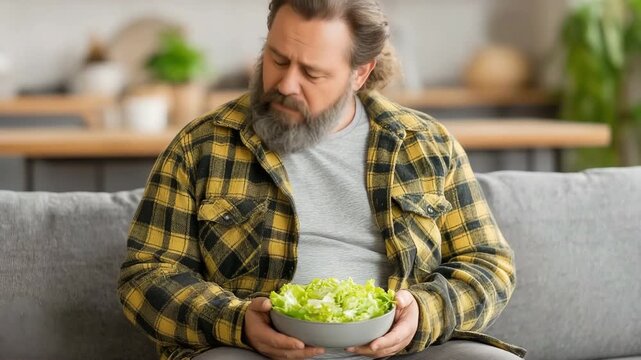 A obese, overweight man thinks about his food, health, and salad. He weighs quantities and nutrients on a couch at home.