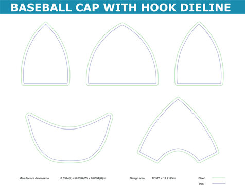 A technical diagram of a baseball cap with hook die line for manufacturing and design purposes