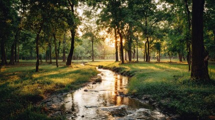 Fototapeta premium Sunlight streams through dense forest canopy illuminating a winding shallow stream over rocks and grass