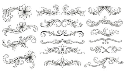 Baroque victorian floral scroll filigree calligraphic ornament vector isolated on transparent background