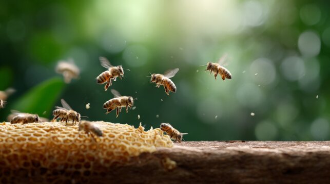 Honey bees gather on honeycomb in sunlit garden setting