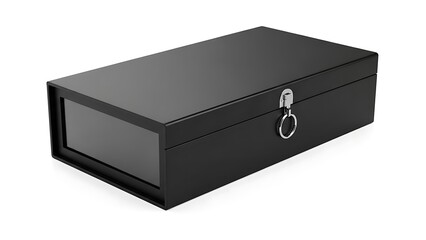 Black metal box with key lock and glass window on white background rectangular box