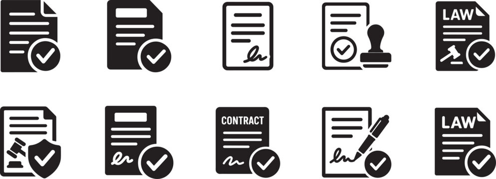  Legal document icon set with contract and approval symbols. Clean vector illustration for law, business, and compliance.