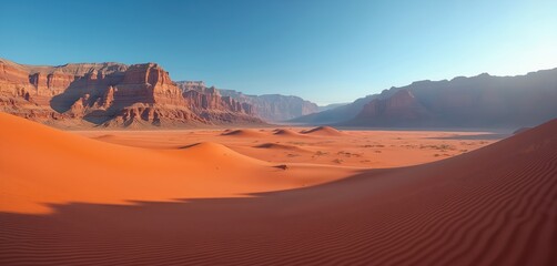 Fototapeta premium Vast arid desert landscape with towering red rock formations under a clear blue sky. Gentle sand dunes ripple across the empty expanse, creating a scene of extreme natural beauty and isolation.