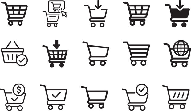   Shopping cart icon set for e-commerce and online purchase concepts. Clean vector illustration for web and app use.