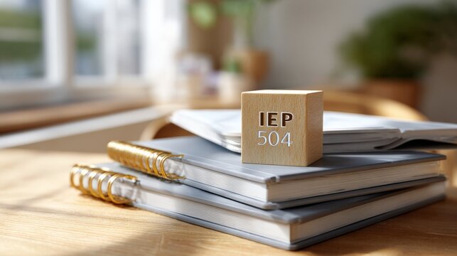 Iep 504 wooden block on stack of notebooks in sunlit classroom