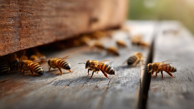 Close-up of honey bees on wooden surface near hive entry outdoors
