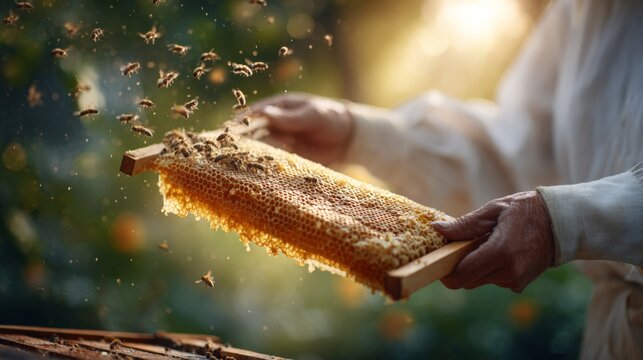 Elderly caucasian male beekeeper holding honeycomb frame with bees in sunlit garden