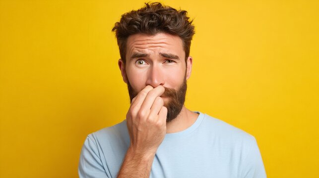 Young caucasian male pinching nose in disgust against yellow background
