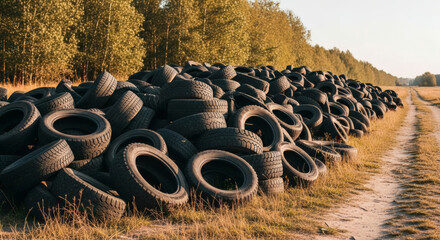 Pile of Discarded Tires in Rural Landscape.
