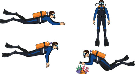 Scuba Diver Underwater Exploration Illustration Set Featuring Diving Gear and Coral Reef © MDTAREK